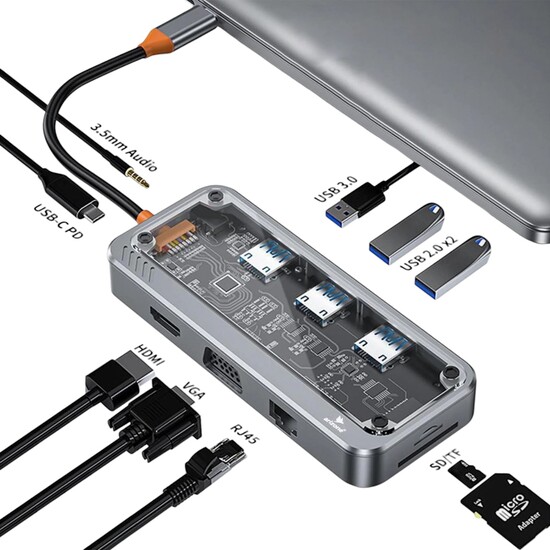 Adaptador multipuerto, estación de acoplamiento portátil 10 en 1 con HDMI 4K HUB USB-C 