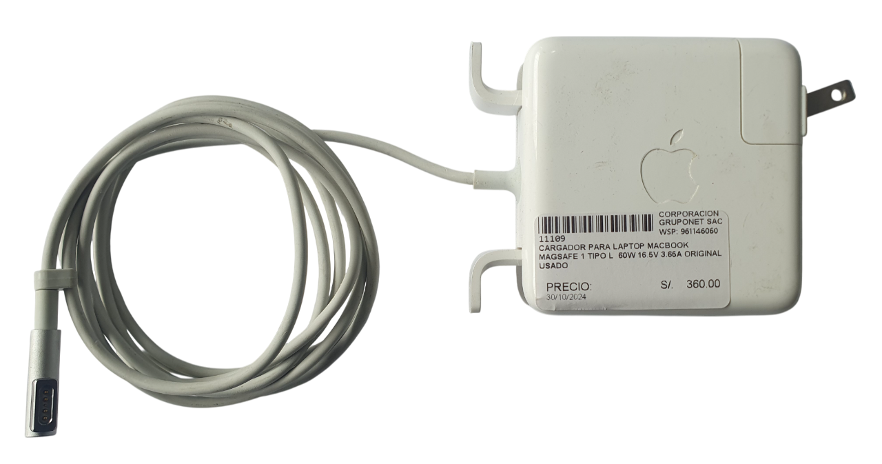 CARGADOR PARA LAPTOP MACBOOK MAGSAFE 1 TIPO L 60W 16.5V 3.65A - ORIGINAL - USADO